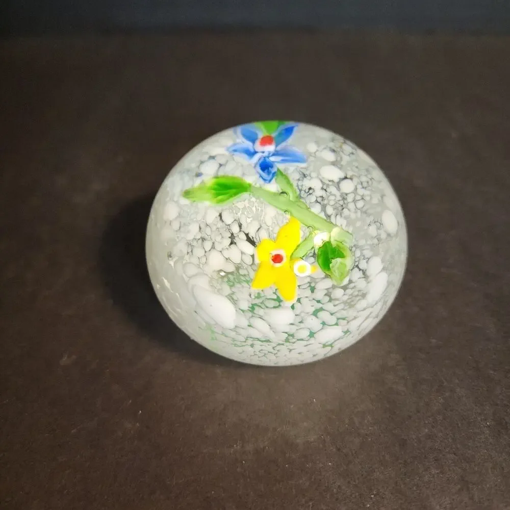 Vtg Art Glass Yellow Blue Flowers Snow Globe 2.5